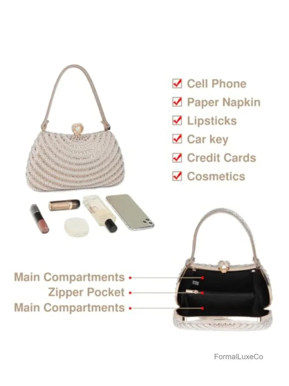 Rhinestone Pearl Clutch Purse Evening Bag Top Handle with Chain Wedding Prom